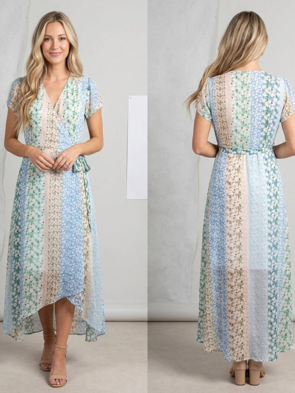 Blue Rain Pastel Floral Patchwork Wrap Maxi Dress - Size M
